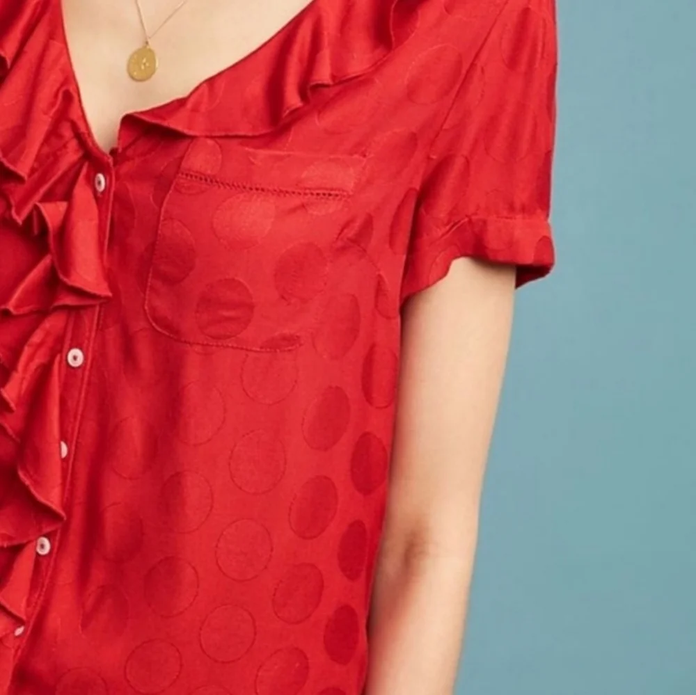 Anthropologie Jojo red ruffle button down blouse top Sz Small - Picture 3 of 7